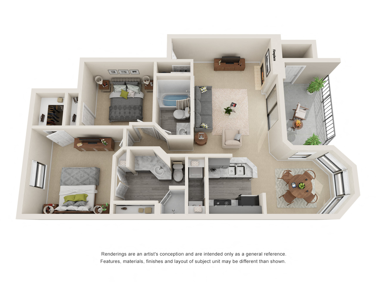 Floor plan for 2 beds, 2 baths, 986 sqft